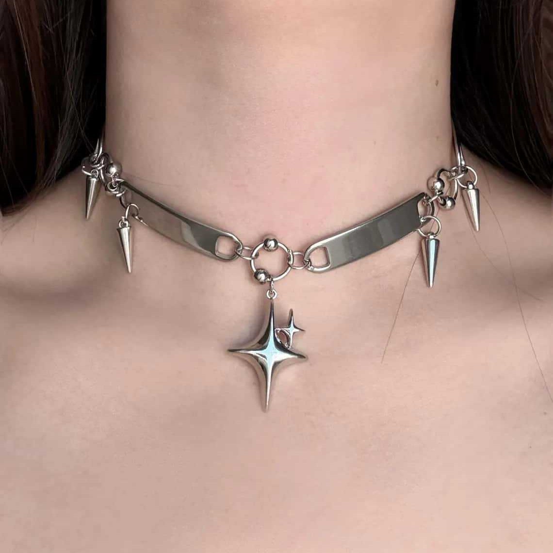 Women'S Y2K Accessories - قلادة نسائية بتصميم نجمة بانك مرصعة،